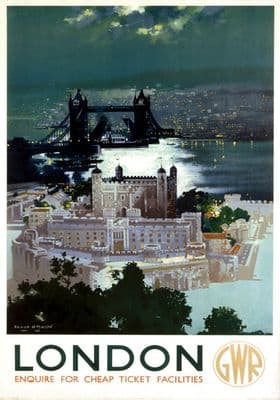 Tower of London and Tower Bridge. Great Western railway (GWR) Vintage Travel Poster by Frank Henry Mason