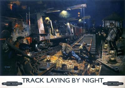 Track Laying by Night, Wandsworth.  British Railways (BR) Vintage Travel Poster by Terence Cuneo. c1950