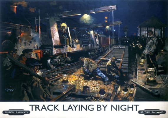 Track Laying by Night, Wandsworth.  British Railways (BR) Vintage Travel Poster by Terence Cuneo. c1950