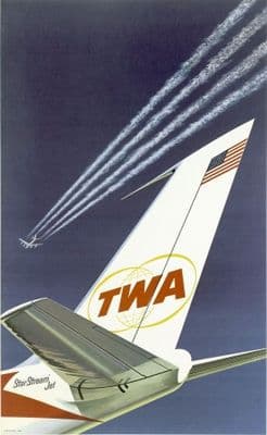TWA Star Stream Jet. Vintage USA Travel Poster.