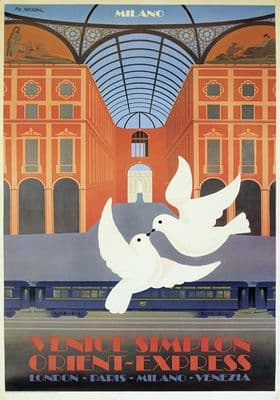 Venice Simplon Orient Express, Milano. VSOE Vintage Travel Poster by Pierre Fix-Masseau. 1982