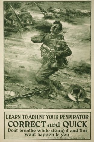 Vintage British WW1 Poster. Learn to adjust your respirator correct and quick. Don't breathe while doing it, and this won't happen to you.