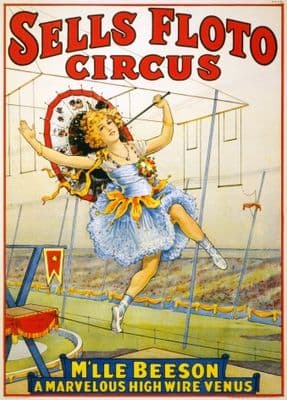 Vintage circus poster - Floto Circus presents M'lle Beeson, a marvelous high wire Venus