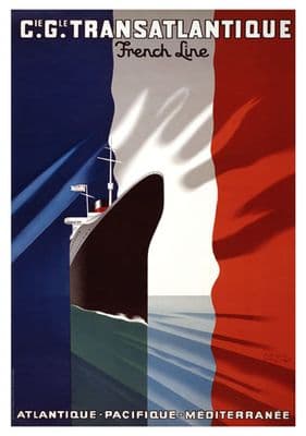 Vintage French C.G. Transatlantique Line Poster.  Shipping Travel Poster of the Normandy by Paul Colin.
