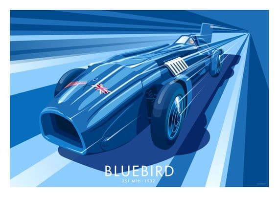 Vintage Inspired Blue Bird, Bluebird car Poster, Sir Malcolm Campbell by Stephen Millership
