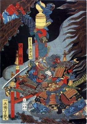 Vintage Japanese poster - Demons flee from samurai