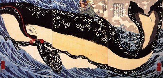 Vintage Japanese poster - Samurai attacking whale