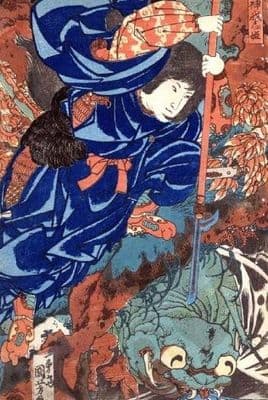 Vintage Japanese poster - Samurai attacks creature with naginata