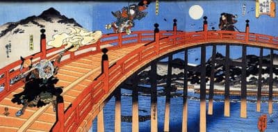 Vintage Japanese poster - Samurai battle on a bridge