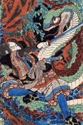 Vintage Japanese poster - Samurai battles giant snake