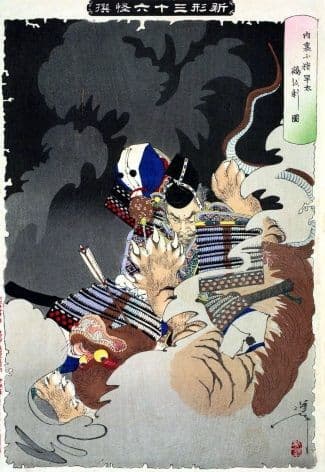 Vintage Japanese poster - Samurai battling bear