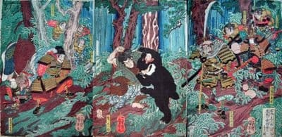Vintage Japanese poster - Samurai battling black bear