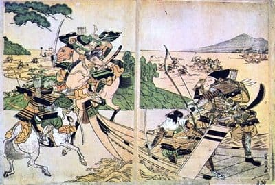Vintage Japanese poster - Samurai firing at enemy horses