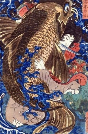 Vintage Japanese poster - Samurai hunting giant Koi fish