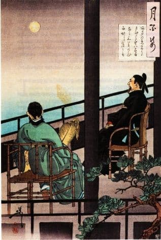 Vintage Japanese poster - Samurai looking over balcony