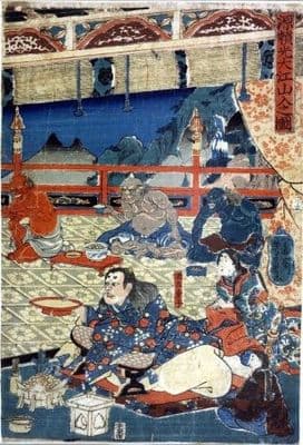 Vintage Japanese poster - Samurai meditating beside demons