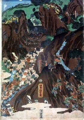 Vintage Japanese poster - Samurai's attacking village