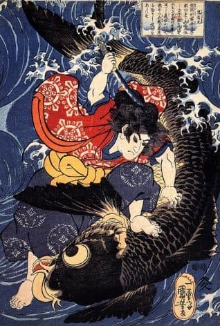 Vintage Japanese poster - Samurai warrior battling Fish monster