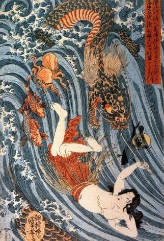 Vintage Japanese poster - Samurai warrior in sea