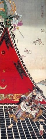 Vintage Japanese poster - Samurai warrior rooftop battle