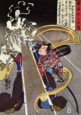Vintage Japanese poster - Samurai warrior with dog and female