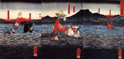 Vintage Japanese samurai poster - horses at sea
