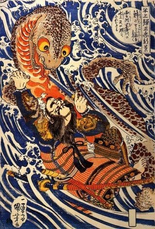 Vintage Japanese samurai poster - Samurai battling sea-demon