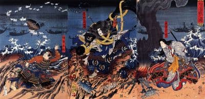 Vintage Japanese samurai poster split in 3