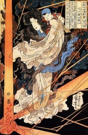 Vintage Japanese samurai warrior - Female holding young child
