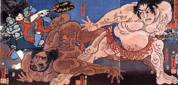 Vintage Japanese Samurai warrior poster - 2 males battling