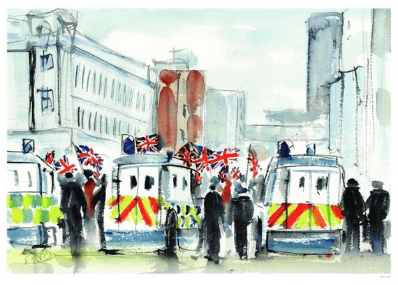 Vintage Northen Ireland poster - Police vans at flag protest