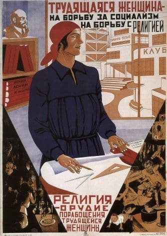 Vintage Russain poster - Working woman in the struggle for socialism and the struggle against religion 1931