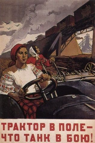 Vintage Russian poster - A tractor in the field is worth a tank in battle.