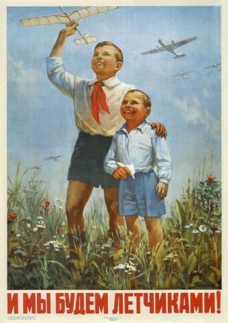 Vintage Russian poster - Young boys playing with planes