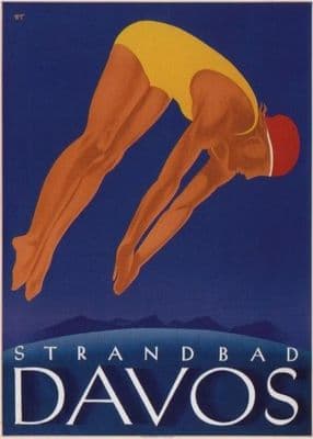 Vintage Swiss poster - Davos lakeside beach (1933)