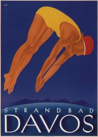 Vintage Swiss poster - Davos lakeside beach (1933)