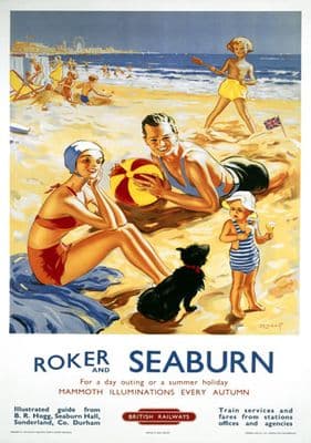 Vintage Travel Poster Roker and Seaburn, British Railways poster, 1953.