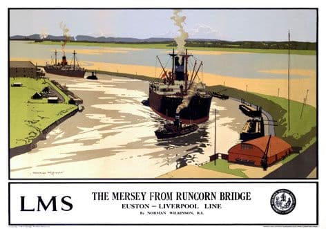 Vintage Travel Poster The Mersey From Runcorn Bridge LMS Train Ships
