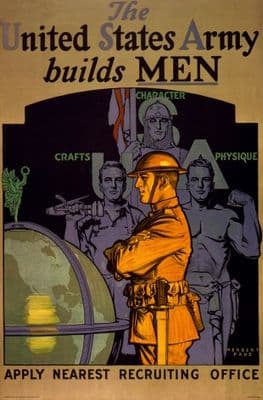 Vintage War Poster The United States Army builds men. Apply nearest recruiting office.
