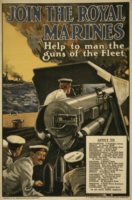 Vintage WW1 poster. Join the Royal Marines. Help to man the guns of the fleet