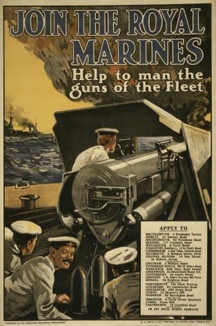 Vintage WW1 poster. Join the Royal Marines. Help to man the guns of the fleet