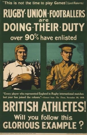 Vintage WW1 poster. Rugby union footballers are doing their duty. Over 90% have enlisted. British athletes! Will you follow this glorious example?