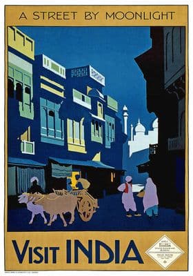 Visit India A Street By Moonlight Vintage Travel Poster