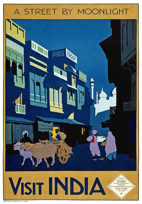 Visit India A Street By Moonlight Vintage Travel Poster