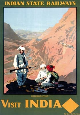 Visit India, The Khyber Pass. Vintage Indian State Railways Travel poster.