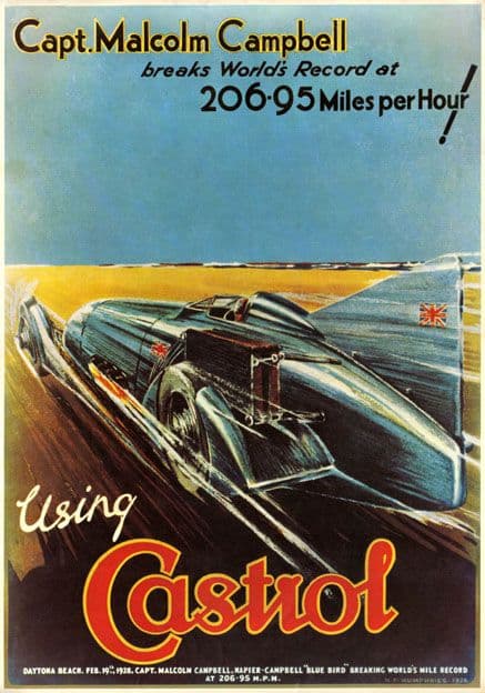 Wakefield Castrol Motor Oil, Vintage Land Speed Record poster. Captain Malcolm Campbell 1928