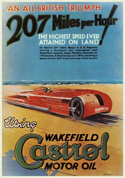 Wakefield Castrol Motor Oil, Vintage Land Speed Record poster. Sir Henry Segrave 1927