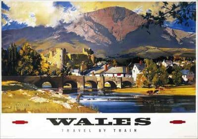 Wales, Vintage British Railway Travel Poster.  Fishing. Conway Castle with Snowdon in the background