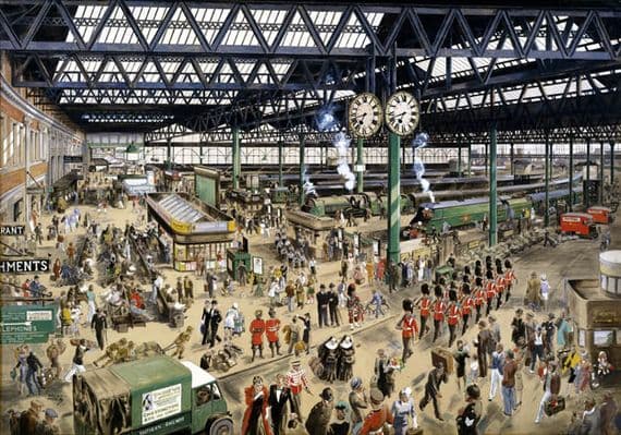 Waterloo Station - Peace, 1948. Watercolour for SR Vintage Travel Poster by Helen Madeleine McKie