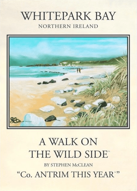 Whitepark Bay, County Antrim, Northern Ireland. Vintage inspired  travel poster -